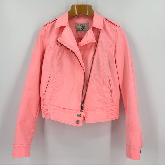 Zara TRF Premium Wash Salmon Pink Moto-Style Lightweight Denim Jacket, Small - Picture 13 of 16